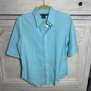 Vintage Ralph Lauren Aqua Gingham Plaid Quarter Sleeve Button Down Preppy